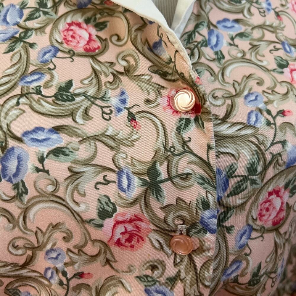 Vintage 90s Susan Bristol Floral Rayon Matching Skirt Blouse Set Pink USA 8 - Picture 3 of 13